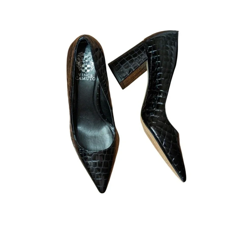 Vince Camuto Black Croc Embossed Leather Pointed Toe Block Heel Pumps Size 9M